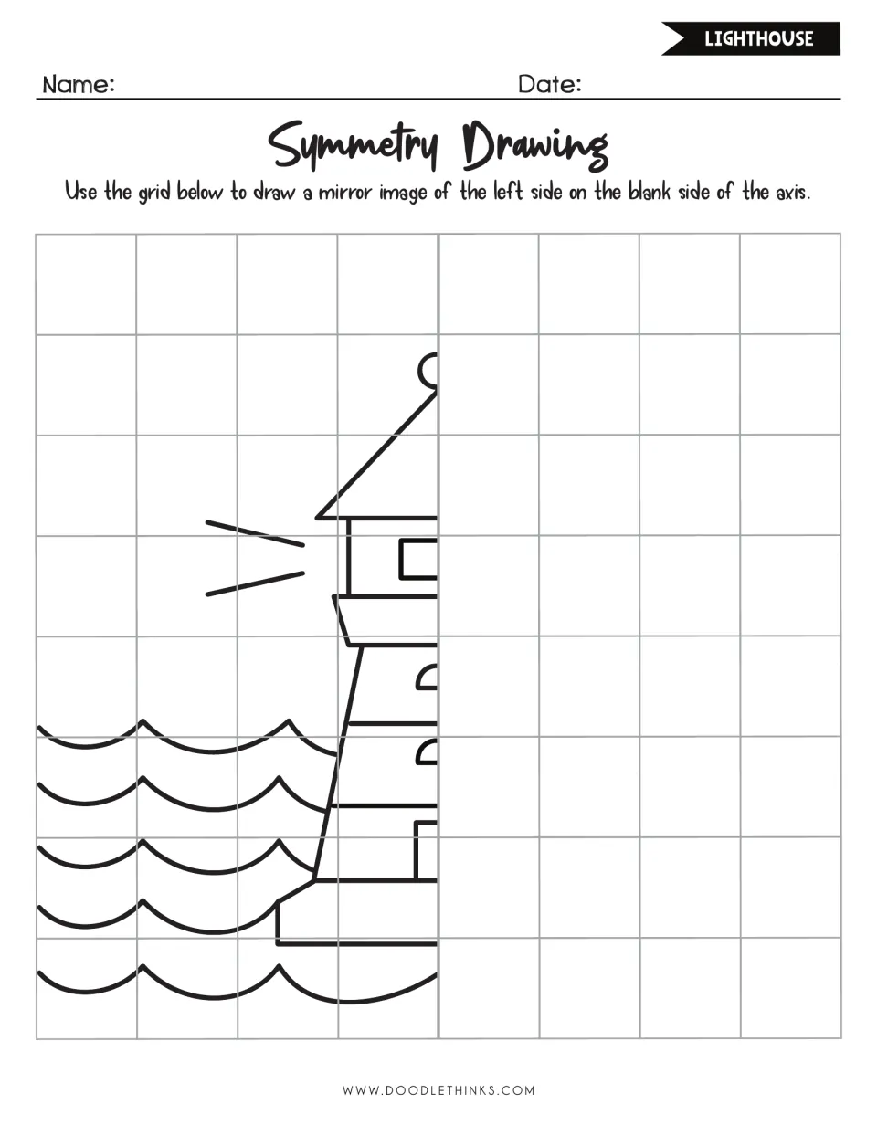 Lighthouse symmetry drawing: students copy the left half of a lighthouse with light beams and waves onto the right side