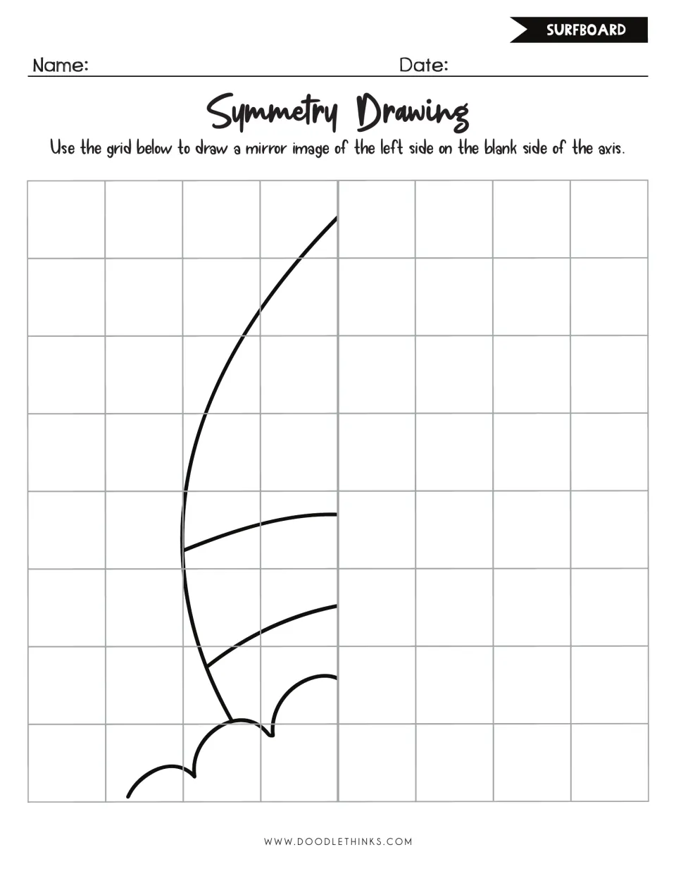 Surfboard symmetry drawing: students reflect half of a striped surfboard rising from waves to finish the whole board