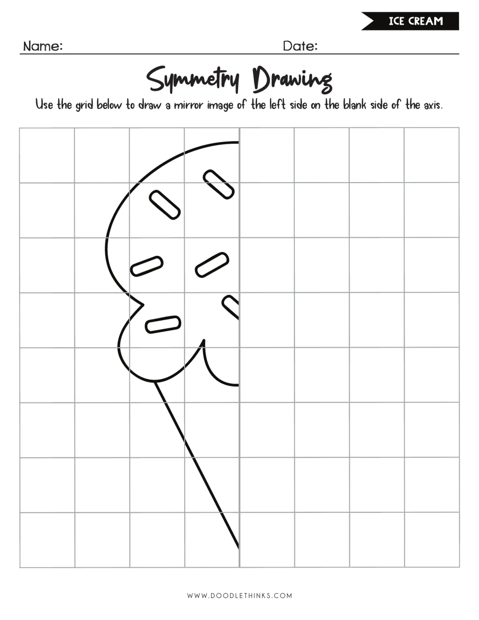 Ice cream symmetry drawing: students mirror half of an ice cream bar with sprinkles and a stick to complete the treat