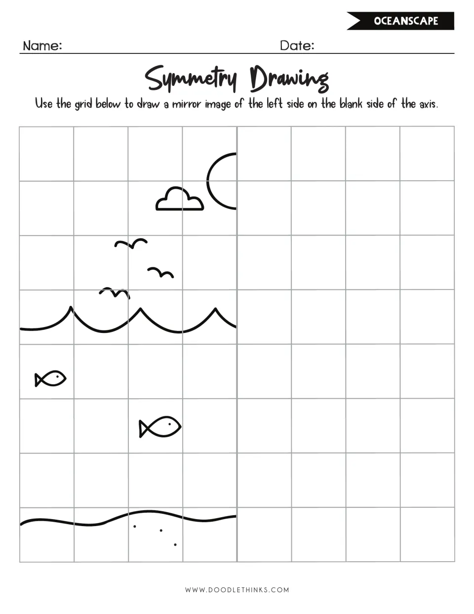 Oceanscape symmetry drawing: students reflect a sun, cloud, gulls, waves, fish and sandy seabed across the axis