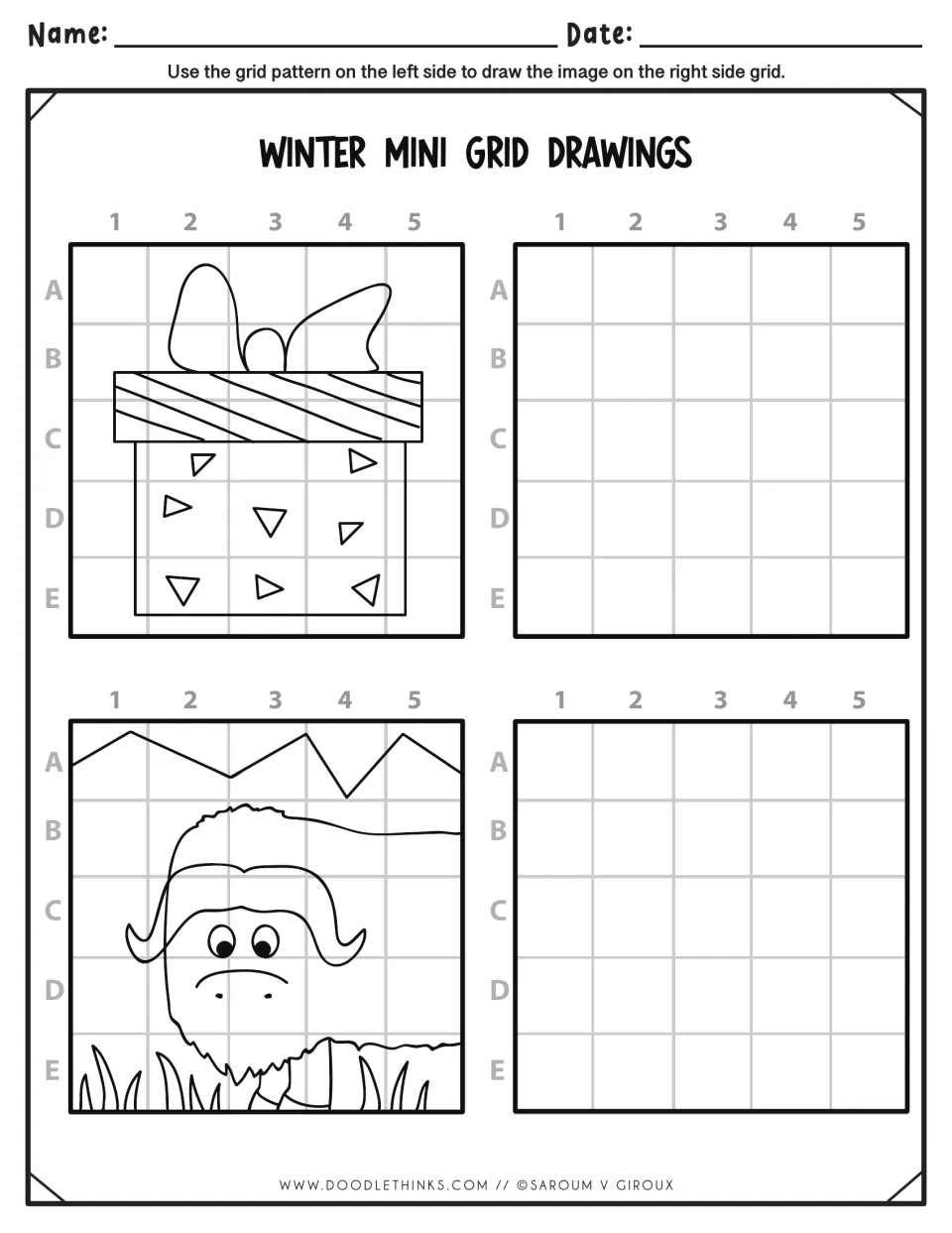 Winter grid drawing: students copy a wrapped gift with a bow and a shaggy horned animal in grass, square by square