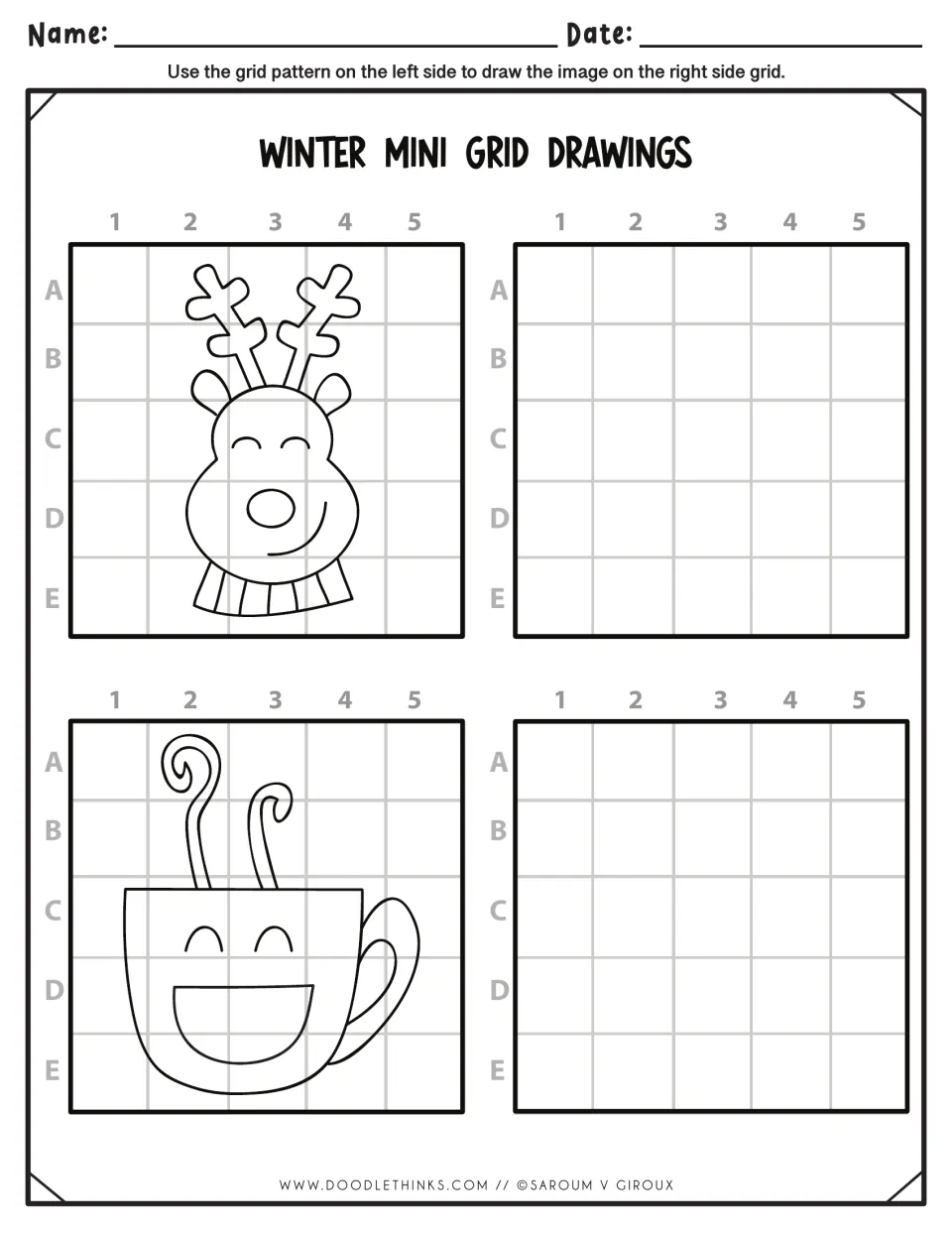Winter grid drawing: students copy a smiling reindeer in a scarf and a steaming mug, matching each lettered square