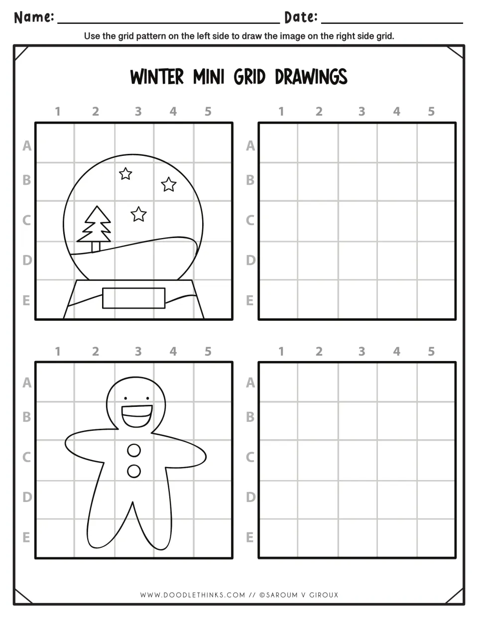Winter grid drawing: students redraw a snow globe with a pine tree and stars and a smiling gingerbread man cell by cell