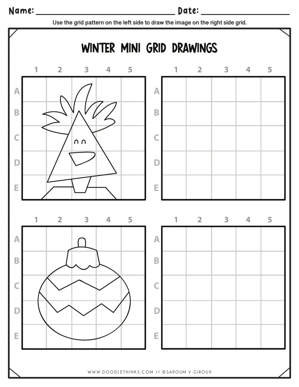 Winter grid drawing: students copy a triangle tree face and a zigzag ornament by matching letter and number coordinates