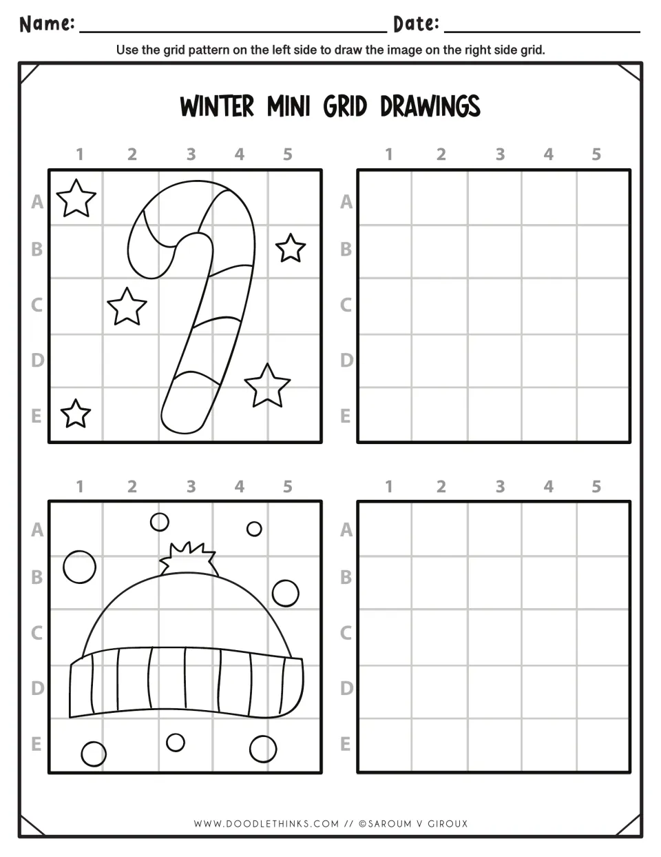 Winter grid drawing: students copy a striped candy cane among stars and a knit pom-pom hat in snow, square by square