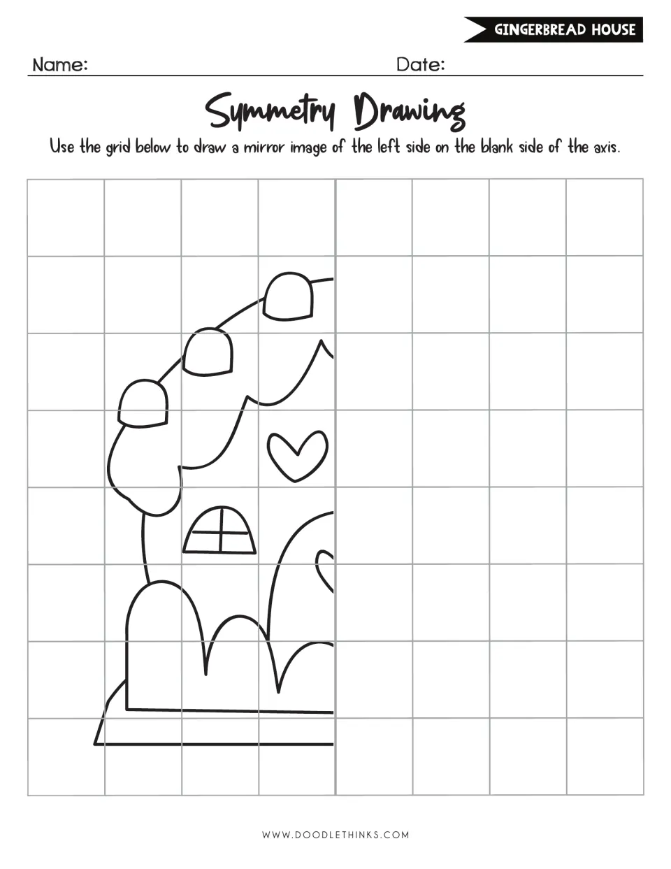 Gingerbread house symmetry drawing: students mirror the left half, with gumdrop roof, heart and window, across the axis