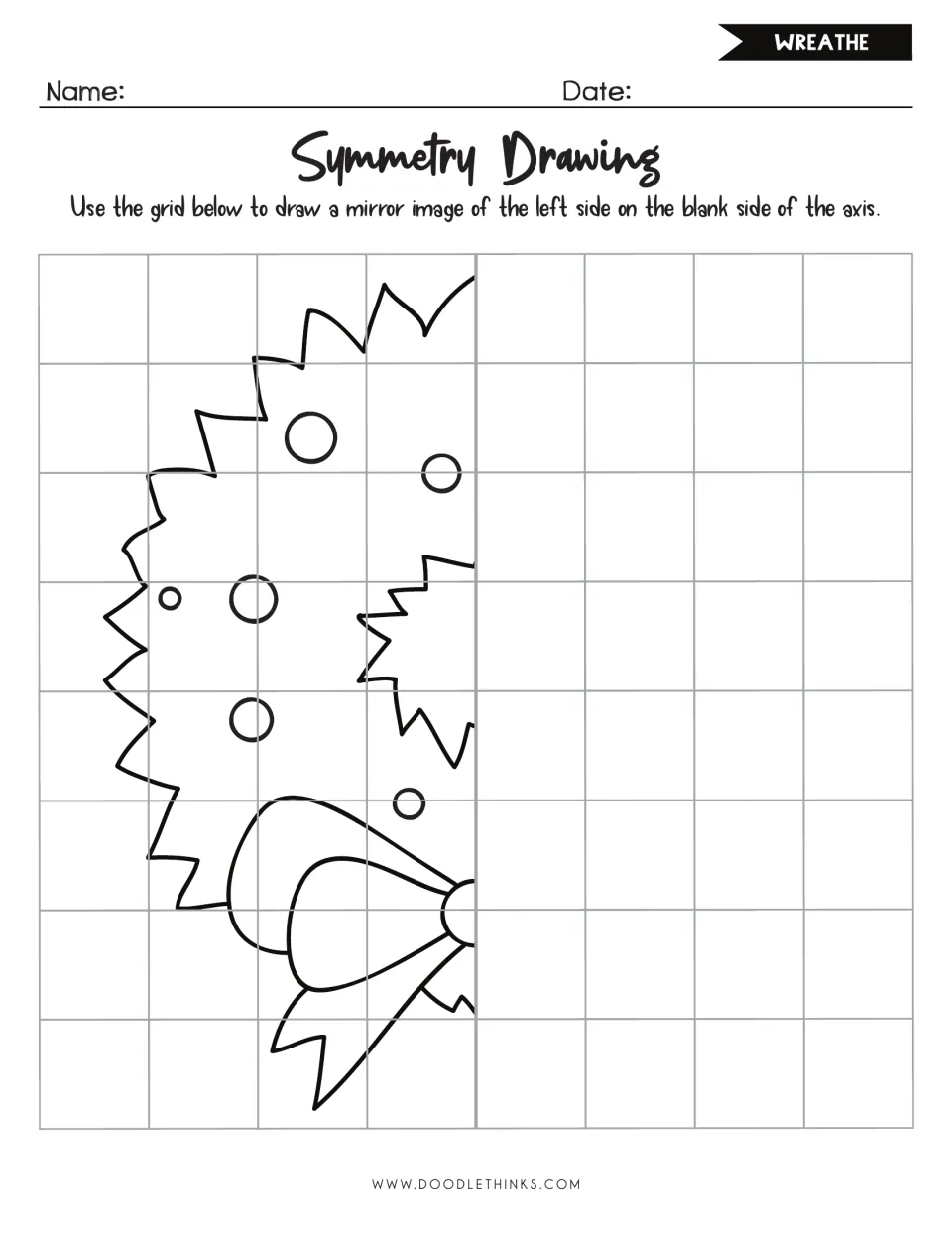 Wreath symmetry drawing: students copy the left half of a wreath with berries and a bow as a mirror image on the right