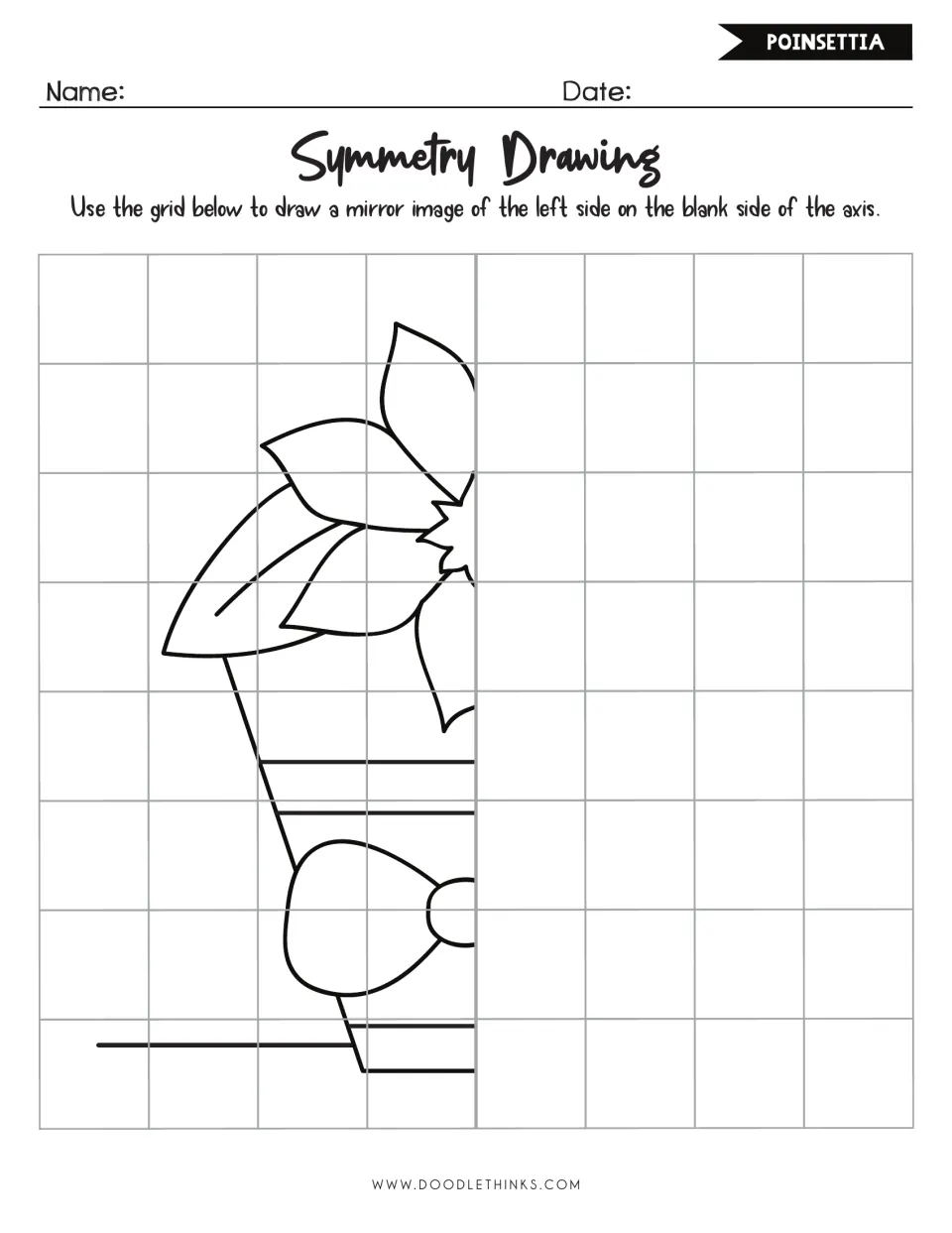 Poinsettia symmetry drawing: students complete the mirror image of a potted poinsettia with petals and a bow on the pot