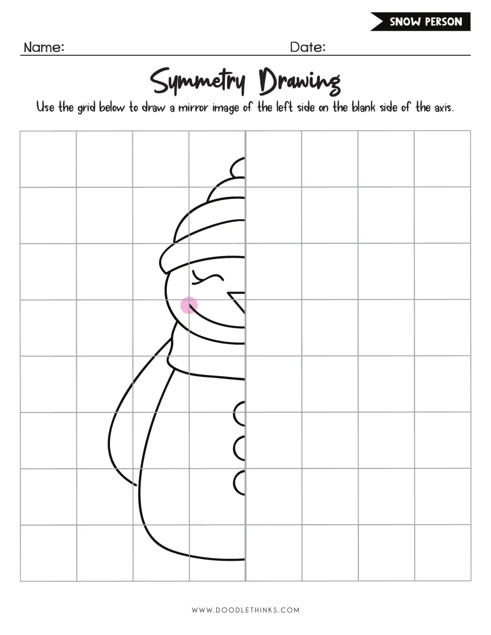 Snow person symmetry drawing: students mirror the left half of a smiling snow person in a hat and scarf on the blank side