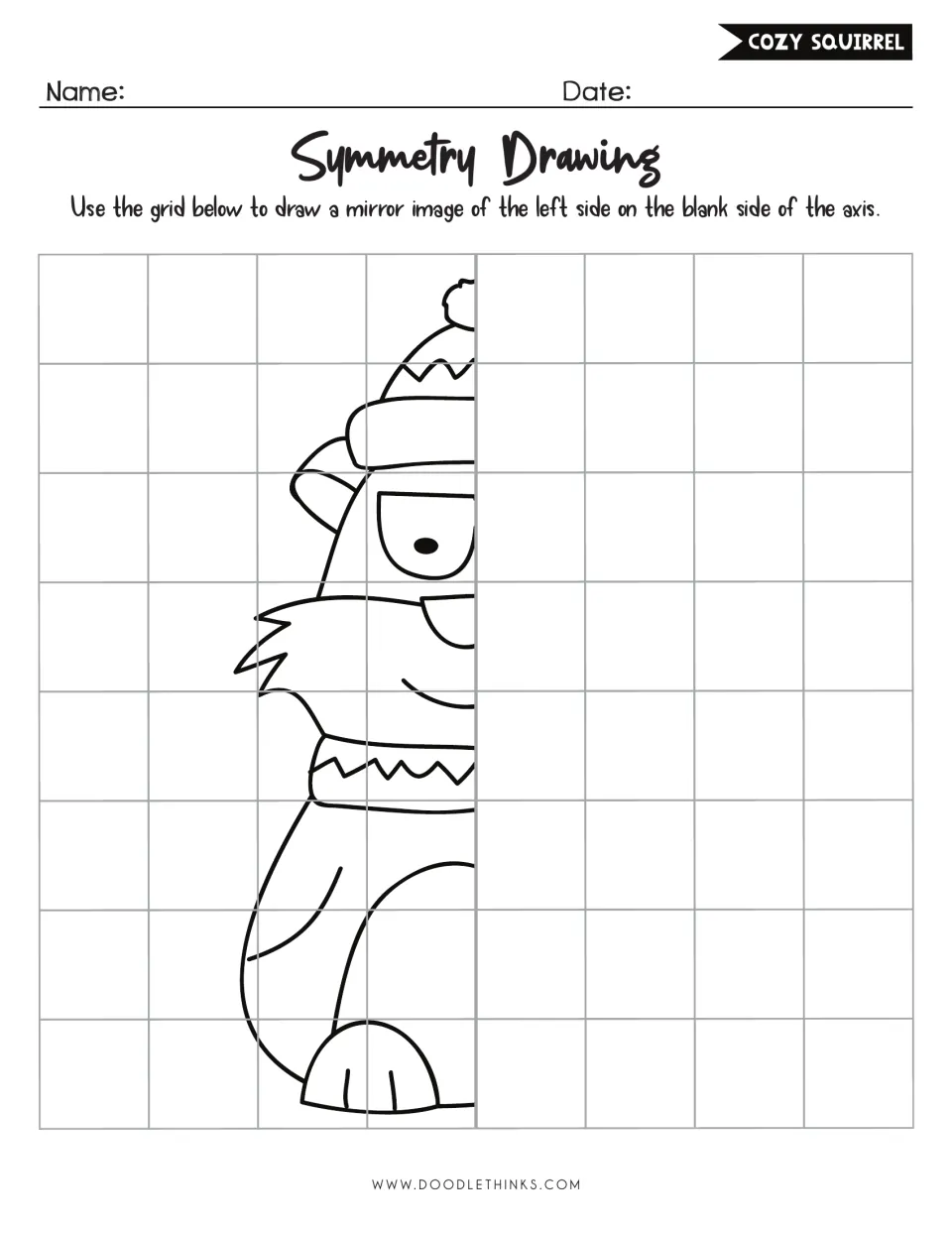 Cozy squirrel symmetry drawing: students finish the mirror image of a squirrel in a bobble hat and scarf across the axis