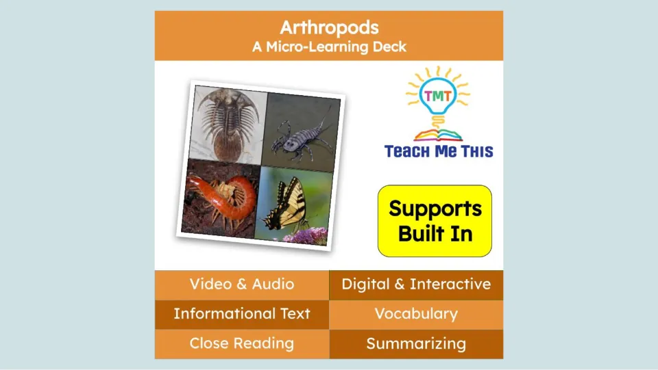 Cover of Arthropods: A Micro-Learning Deck, listing video, audio, informational text, and vocabulary