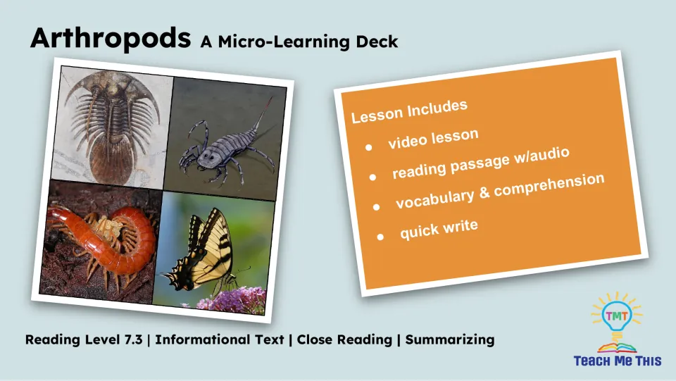Lesson overview listing a video lesson, reading passage with audio, vocabulary, comprehension, and quick write