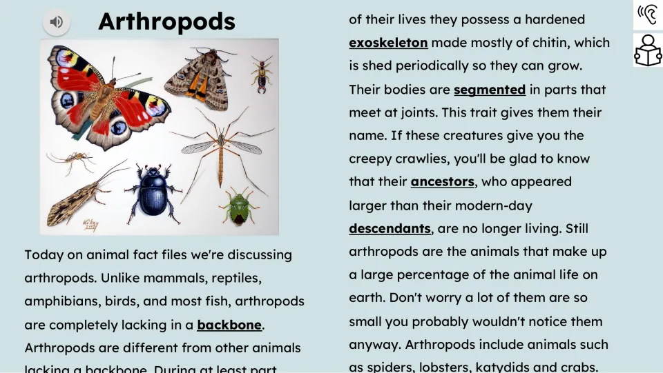 Reading passage explaining arthropods' lack of a backbone, hardened exoskeletons, and segmented bodies