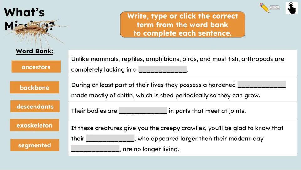 Missing-word activity using ancestors, backbone, descendants, exoskeleton, and segmented to fill five blanks