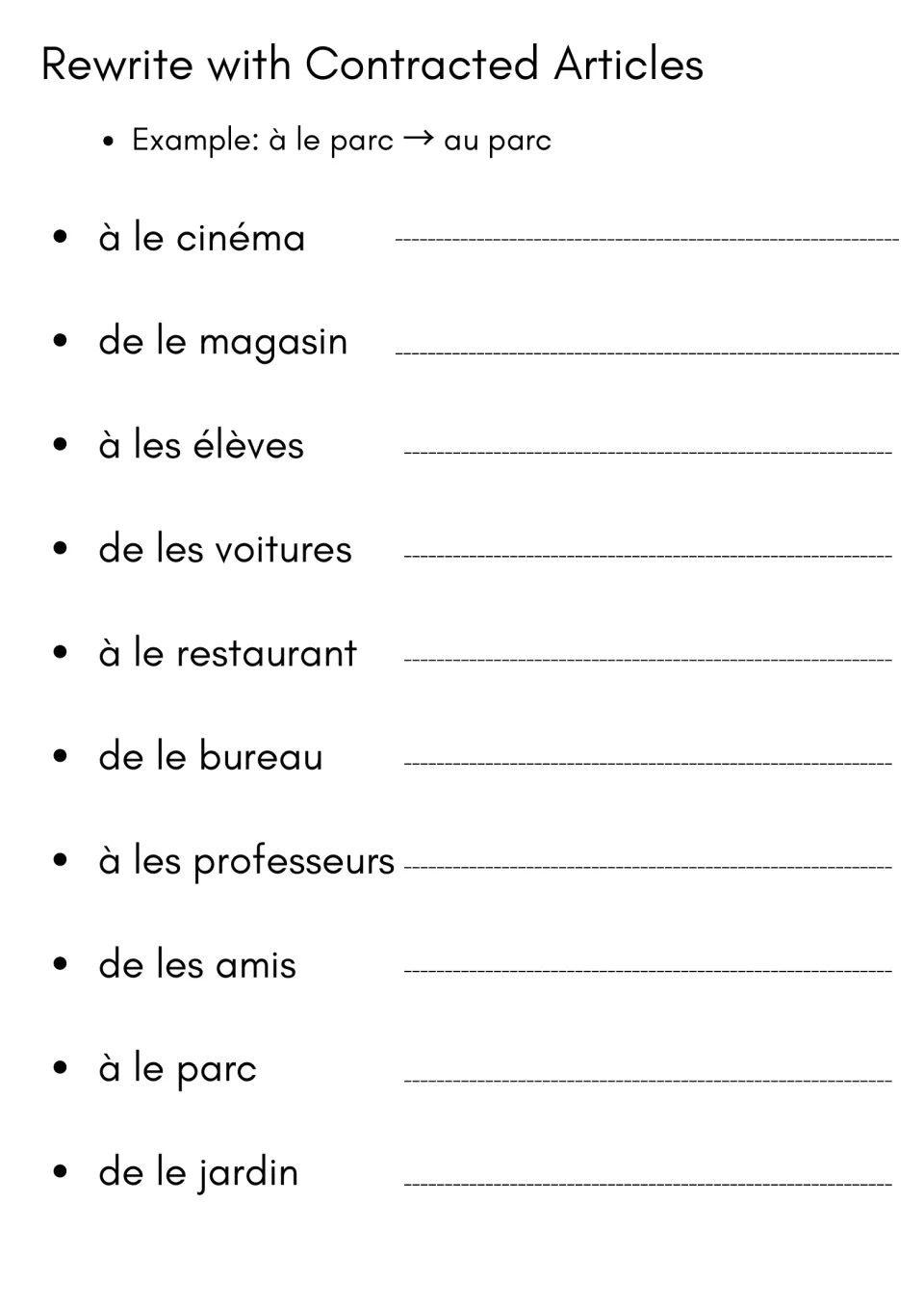 Rewrite with Contracted Articles: students turn 10 phrases like de le magasin into du magasin, following an example