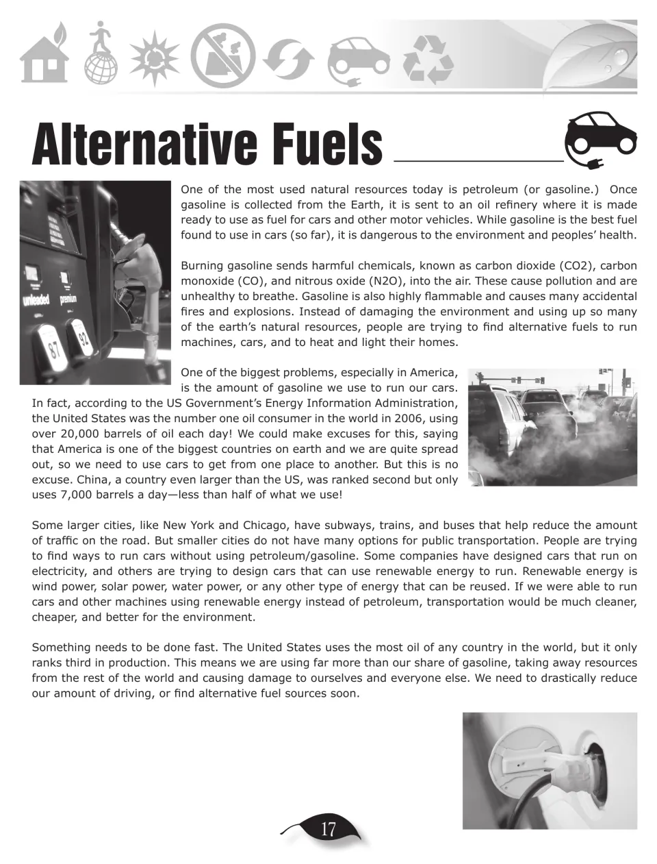 Alternative Fuels article: gasoline pollution, US oil use of 20,000 barrels a day, and renewable energy for cars
