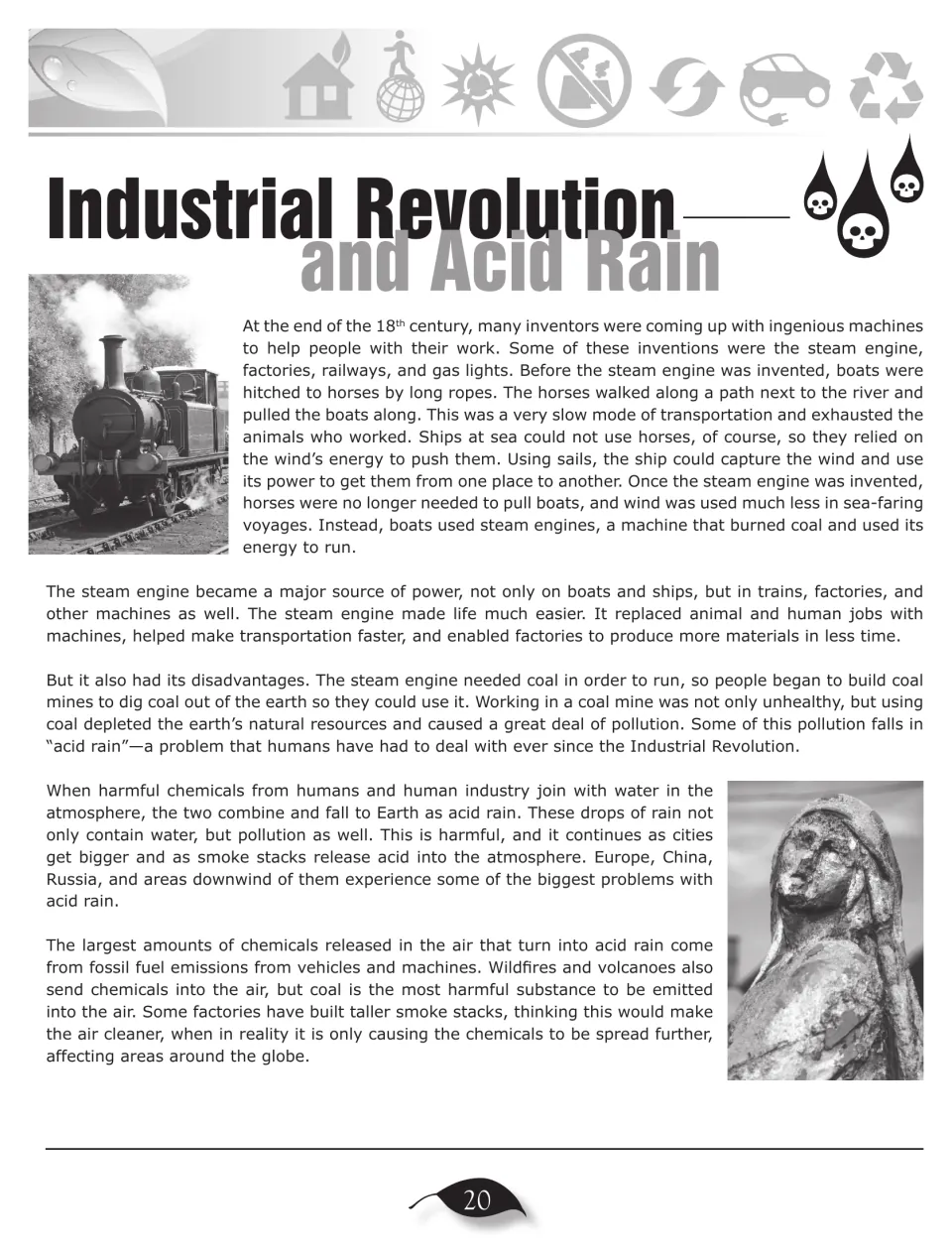 Industrial Revolution and Acid Rain article: steam engines, coal mining, and how pollution falls as acid rain