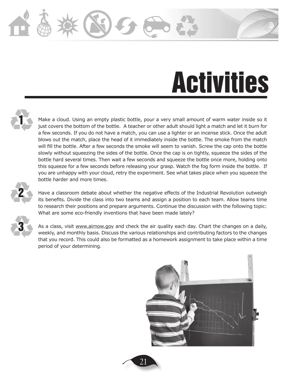 Acid rain activities 1–3: cloud in a bottle, debate the Industrial Revolution, and chart airnow.gov air quality