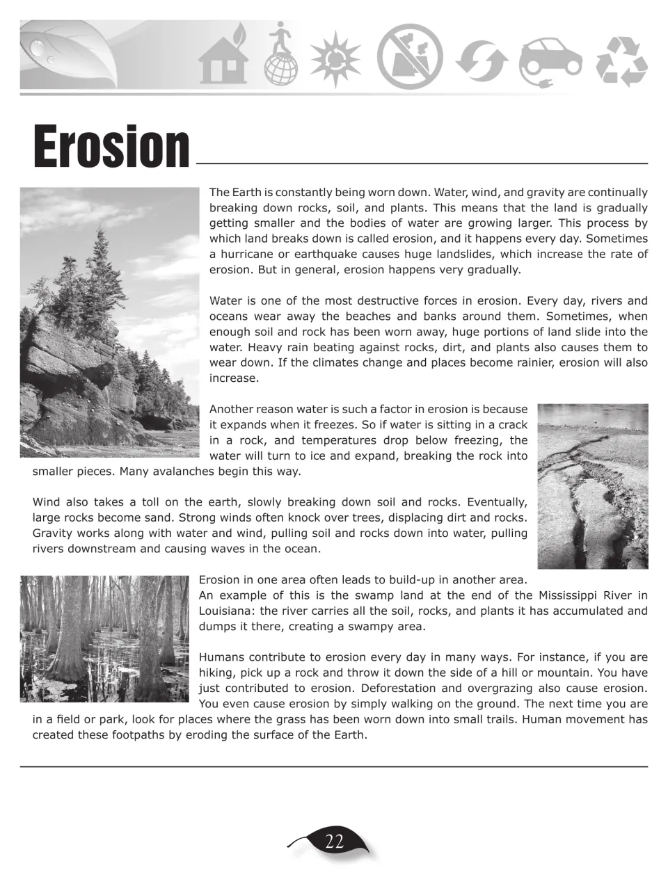 Erosion article: how water, wind, and gravity wear down land, ice cracking rock, and human causes like walking