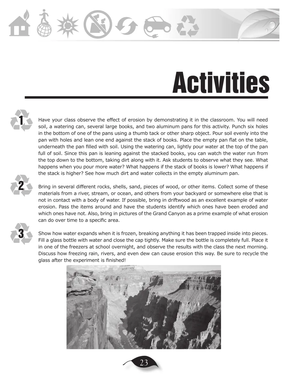 Erosion activities 1–3: soil-and-water pan demo, spotting eroded rocks and shells, and a freezing water bottle test