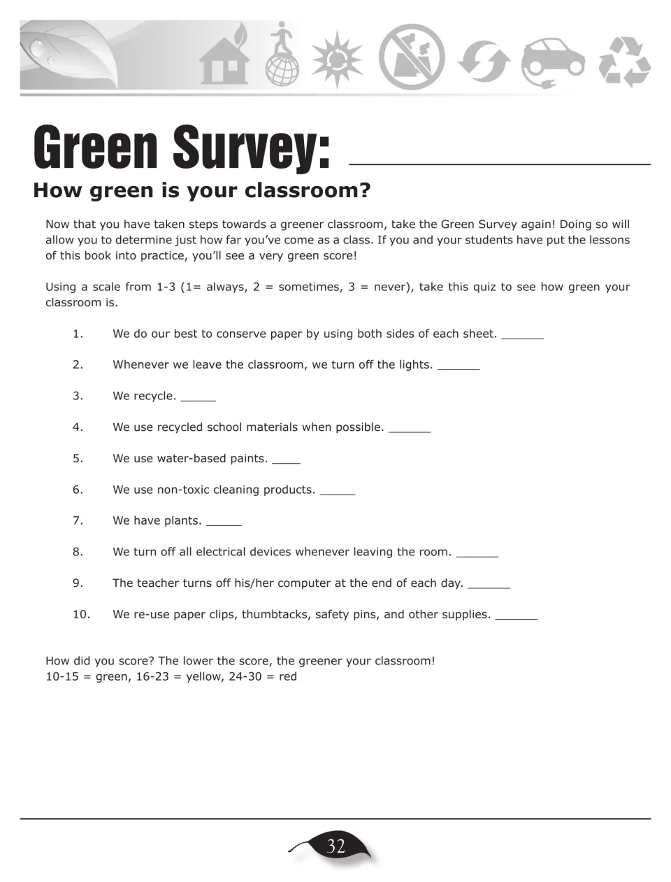 Green Survey: How green is your classroom? 10 items rated 1–3, like 'We recycle,' with green, yellow, red scoring