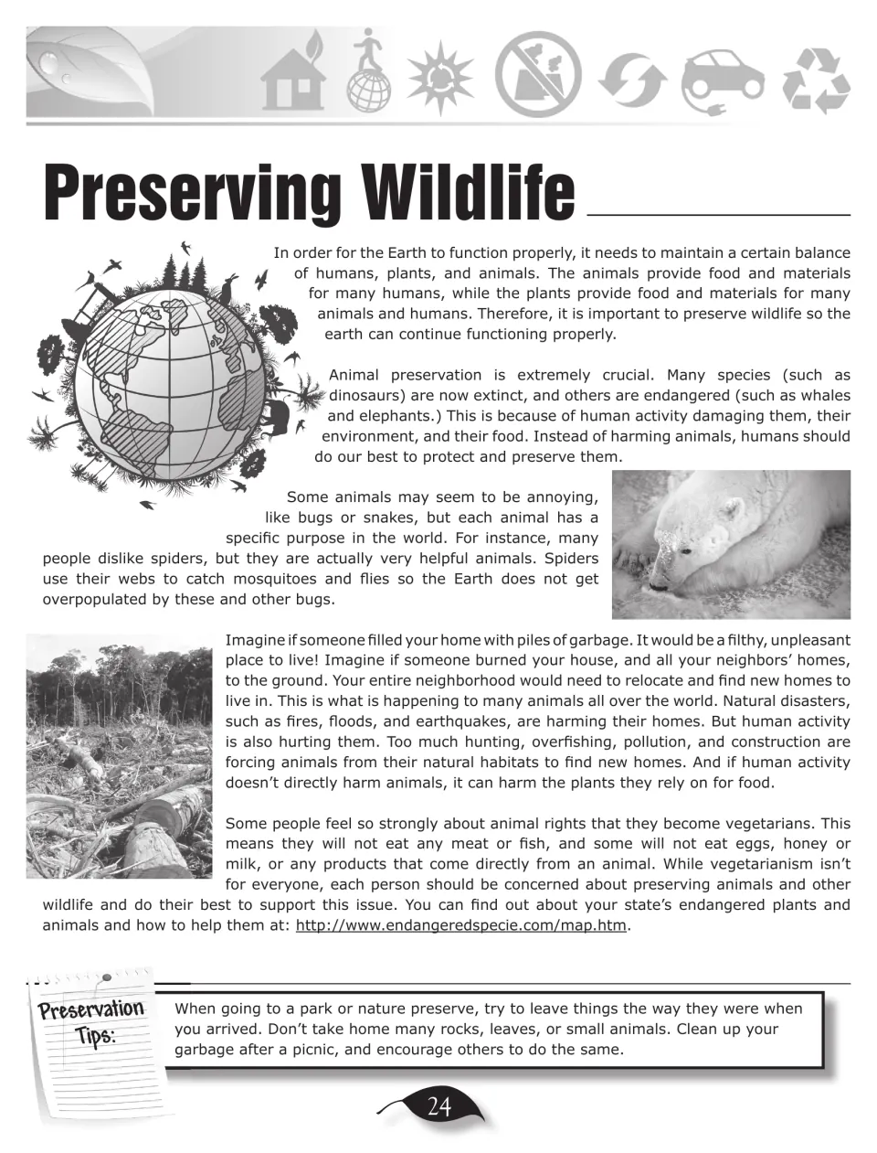 Preserving Wildlife article explains animal roles, threats to habitats, and ways to protect wildlife
