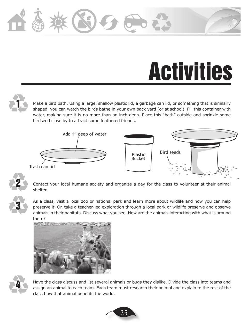 Wildlife activity page assigns a bird bath, shelter volunteering, a wildlife visit, and animal research