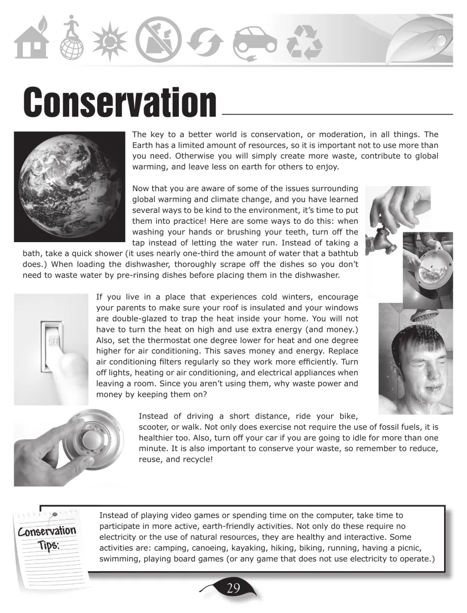 Conservation article describes saving water and energy, reducing waste, and choosing active recreation