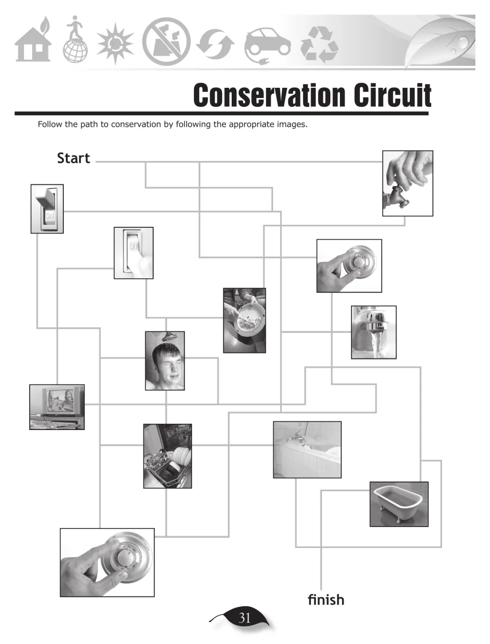 Conservation Circuit maze asks students to follow conservation pictures, including turning off a light