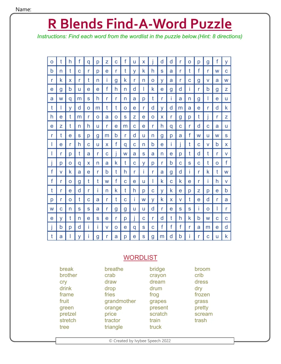 R-blend word search with 39 words, including break, breathe, bridge, and broom, to find in eight directions