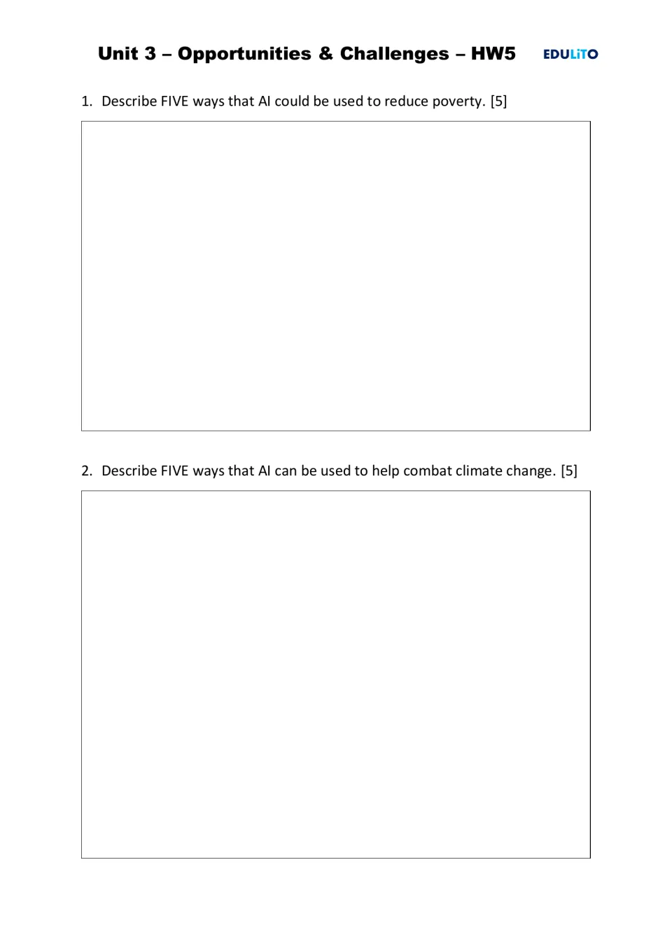 Homework 5, questions 1–2: describe five ways AI could reduce poverty and help combat climate change.
