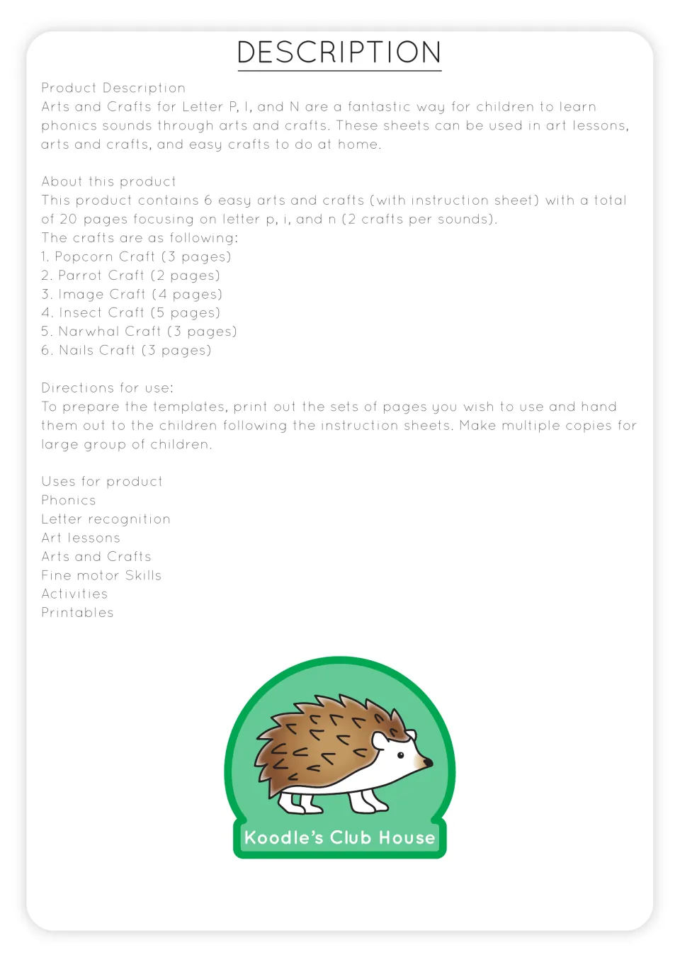Product description listing 6 crafts: popcorn, parrot, image, insect, narwhal and nails, plus directions