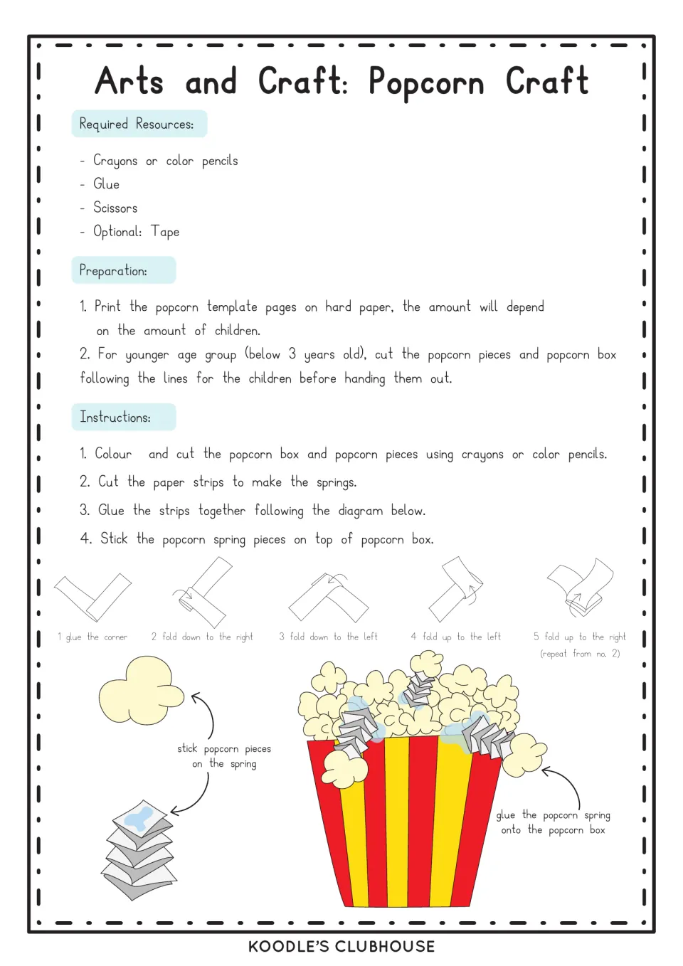 Popcorn craft instructions: students color and cut a popcorn box, fold paper strips into springs and glue on popcorn