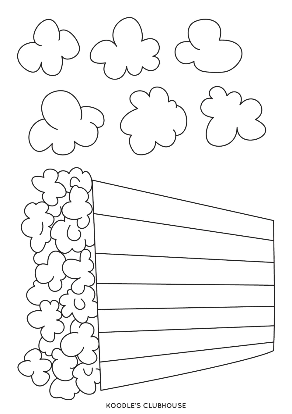 Popcorn craft template: six popcorn pieces and a striped popcorn box for students to color and cut out