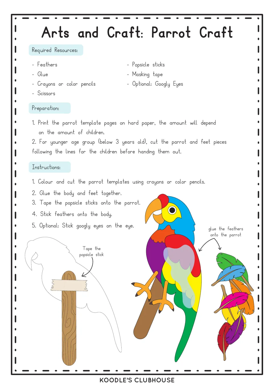 Parrot craft instructions: students color and cut a parrot, glue on feet and feathers, and tape it to a popsicle stick