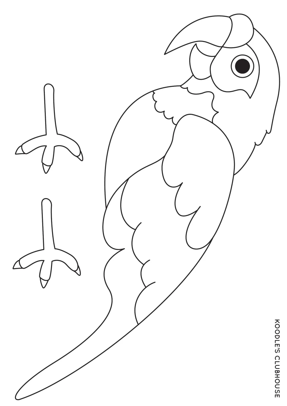 Parrot craft template: a parrot body outline and two feet for students to color, cut out and assemble