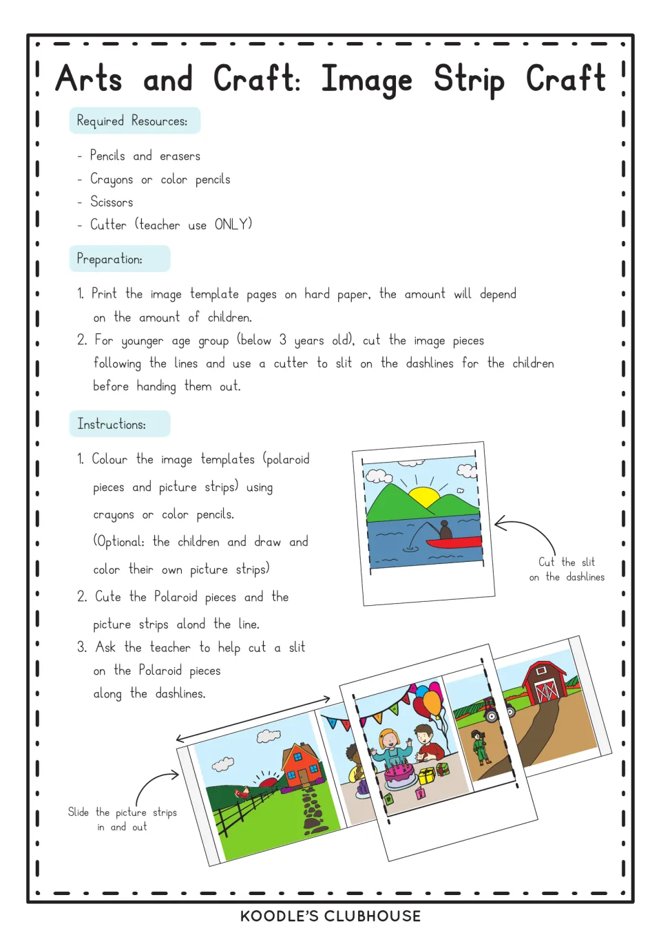 Image strip craft instructions: students color Polaroid frames and picture strips, then slide strips through a slit