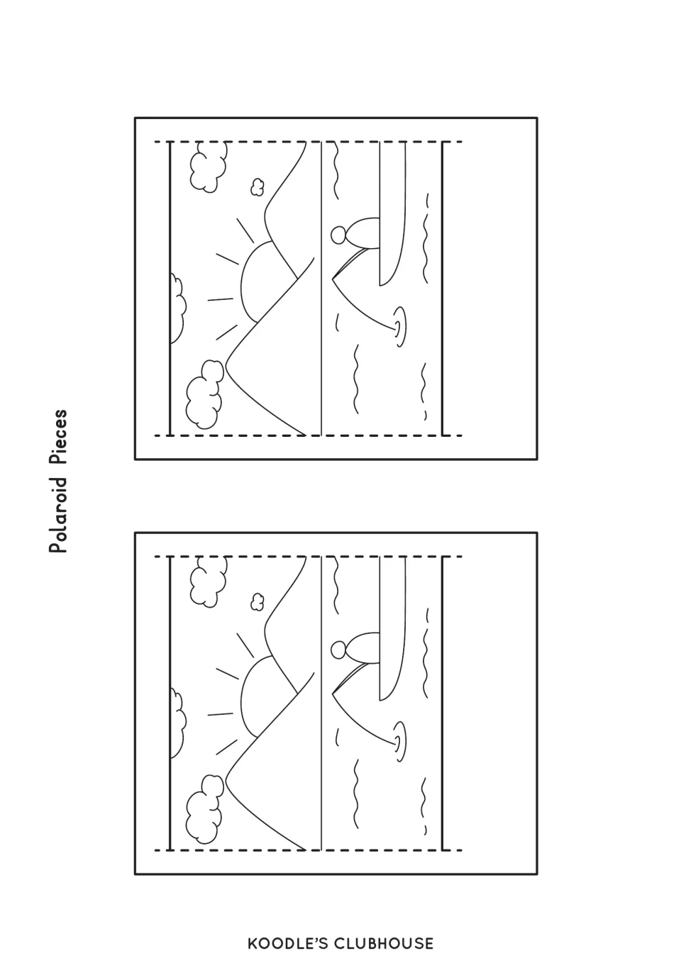 Polaroid pieces: two frames showing mountains, a sun and a person fishing from a boat, with dashed slit lines to cut