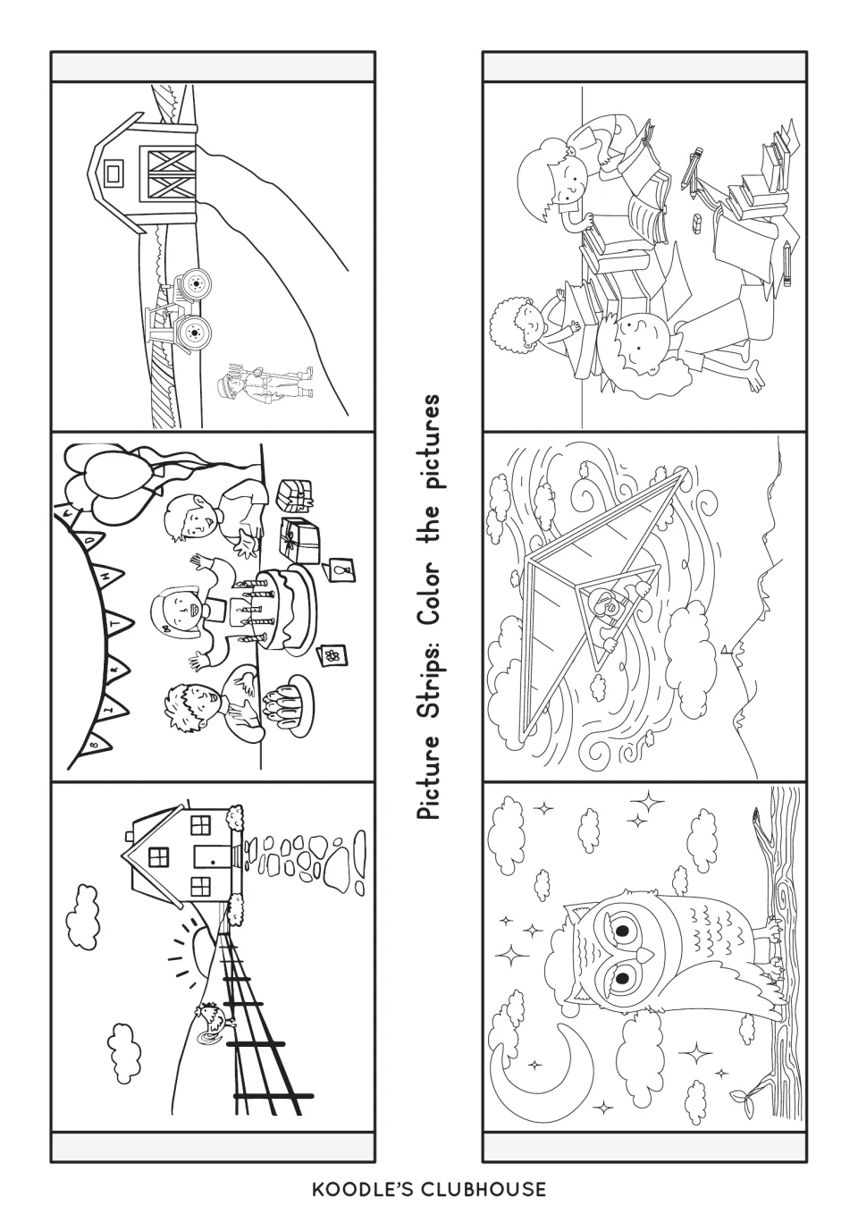 Picture strips to color: farm, birthday party, house, children reading, hang glider and owl scenes for the image slider