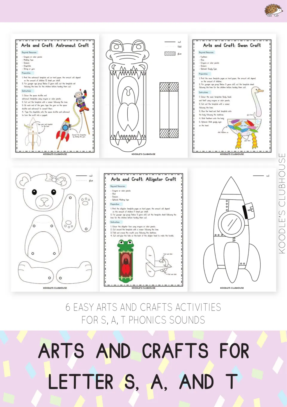 Cover: 6 easy craft activities for S, A, T phonics sounds, previewing swan, alligator, astronaut and teddy bear templates
