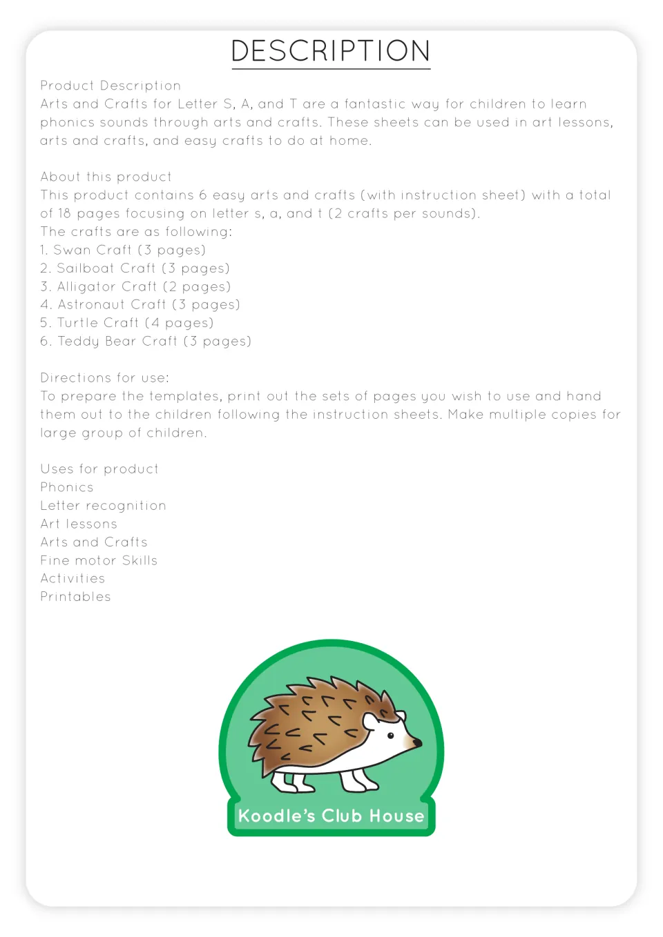 Product description listing six crafts: swan, sailboat, alligator, astronaut, turtle and teddy bear, two per letter sound