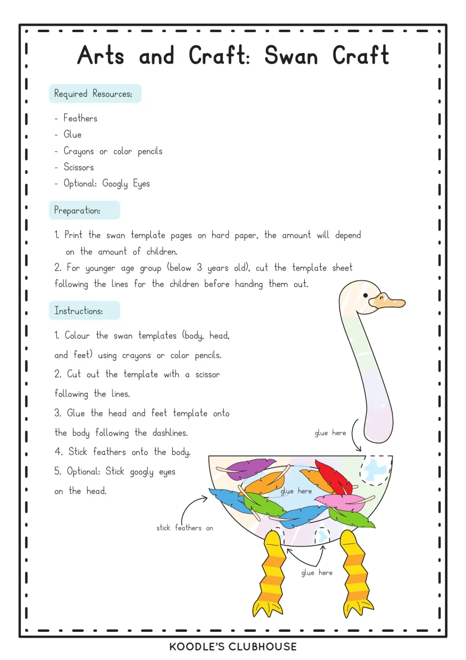 Swan craft instructions: list of feathers, glue, crayons and scissors, then steps to color, cut and glue a feathered swan
