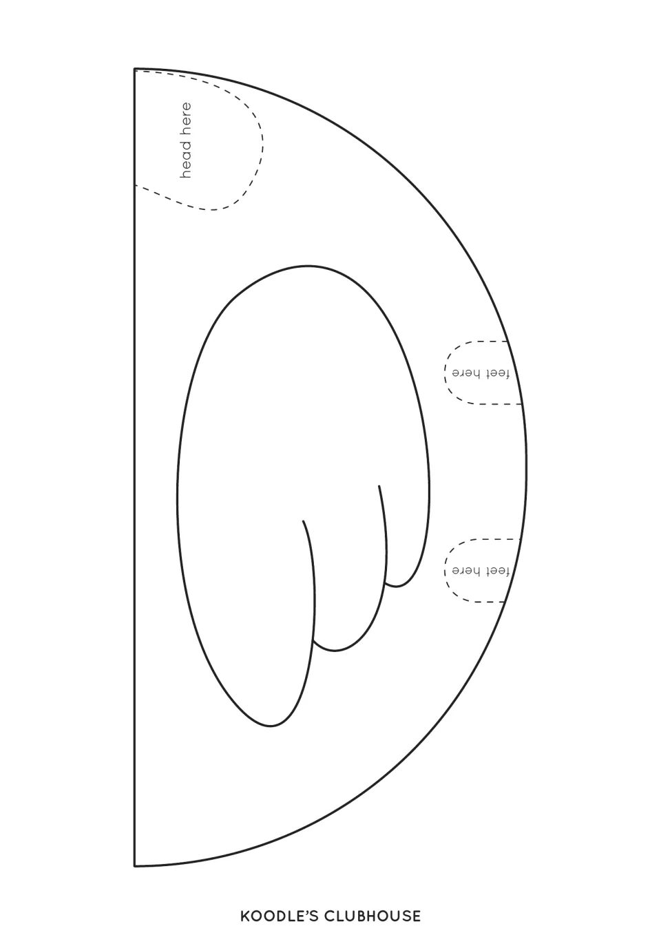 Swan body cut-out piece: half-circle body with a wing and dashed spots marked 'head here' and 'feet here' for gluing