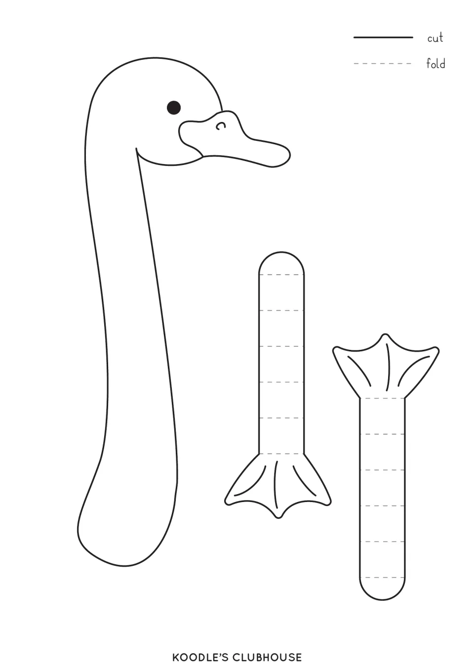 Swan head and feet cut-out pieces: long-necked swan head and two webbed legs with dashed fold lines on each leg