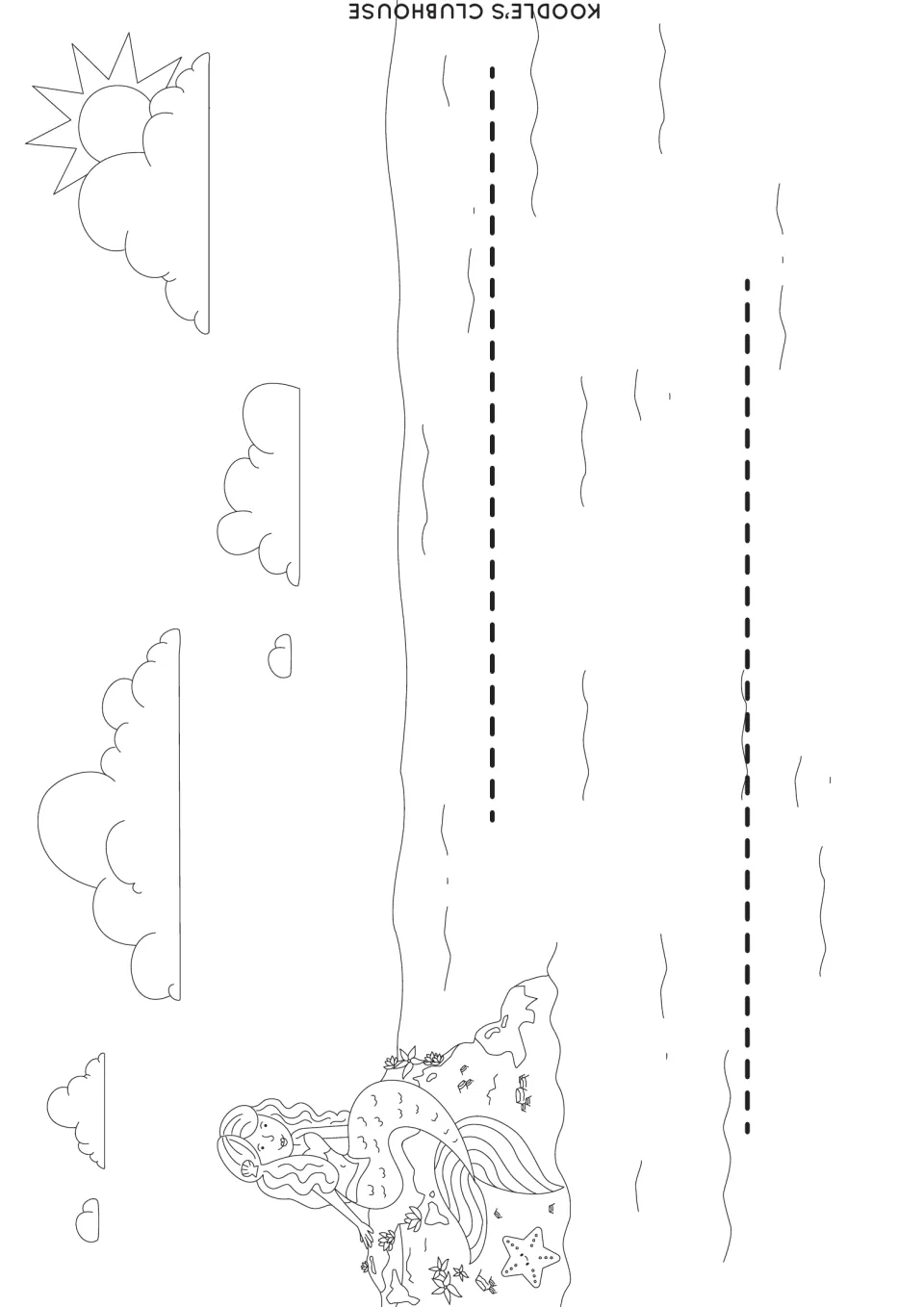 Ocean scene template to color: mermaid on a rock, sun, clouds and waves, with two dashed lines to slit for the sailboats