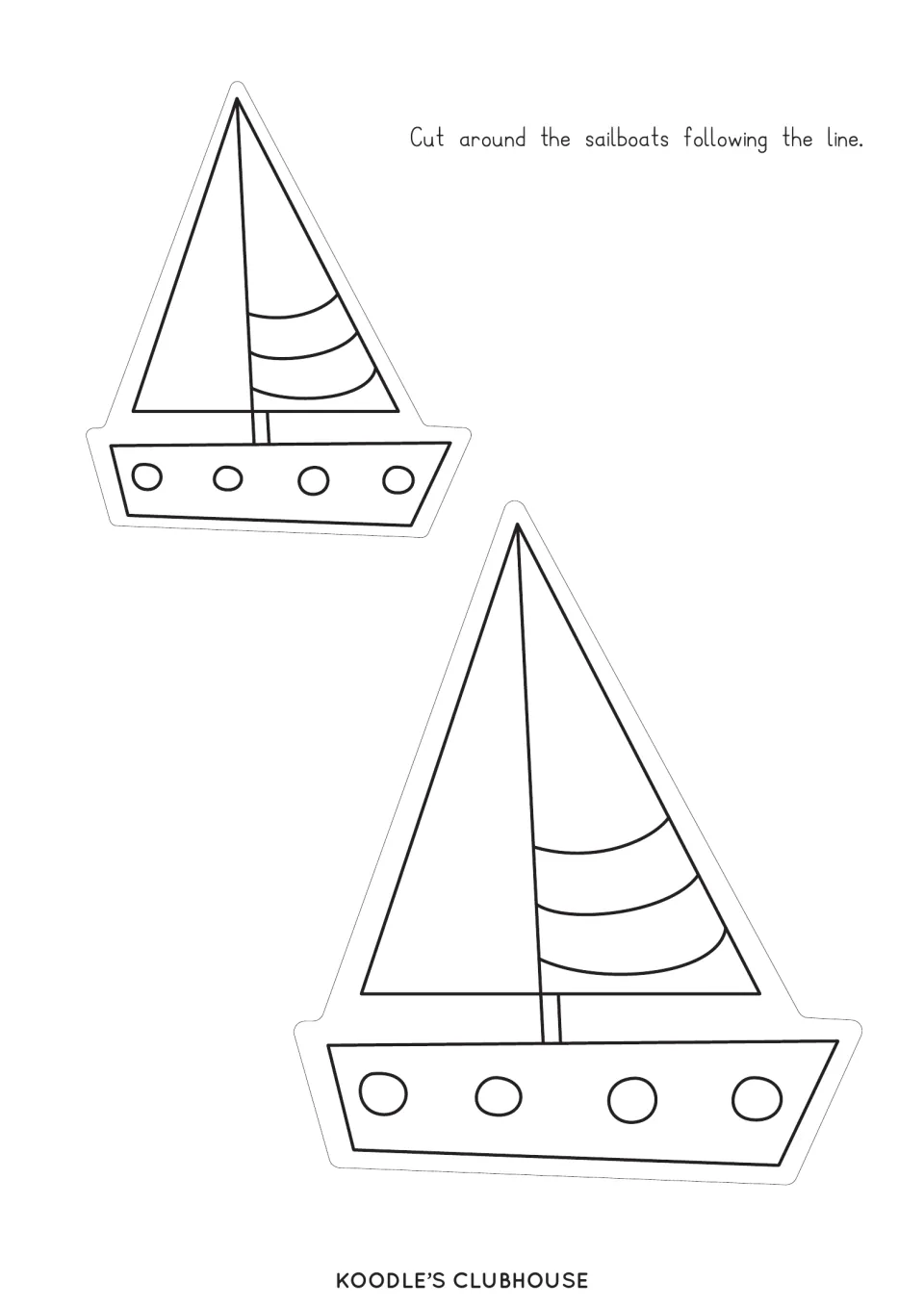 Sailboat cut-outs: two outlined sailboats with striped sails and portholes for students to color and cut around the line