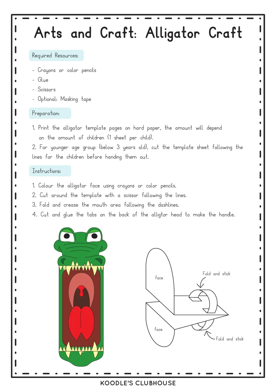 Alligator craft instructions: color the face, cut it out, fold the mouth on the dashlines and glue tabs to form a handle