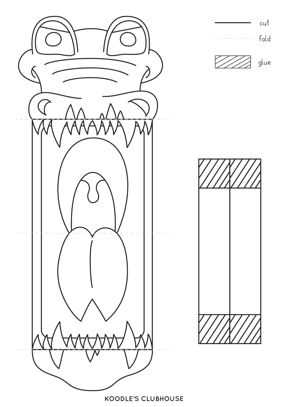 Alligator puppet template: open-mouthed alligator face with teeth and tongue, fold lines, and a handle strip to glue