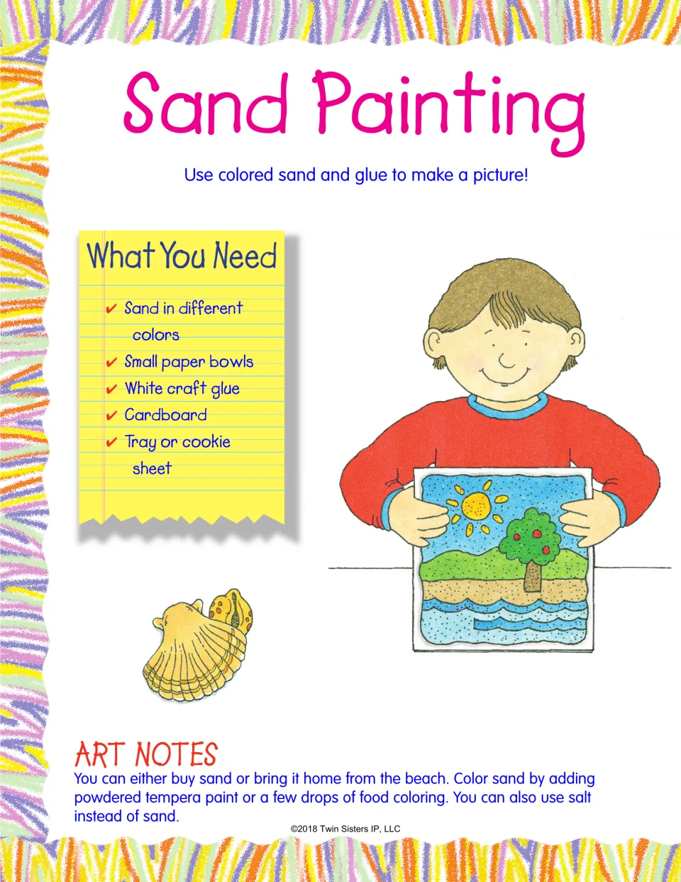 Sand painting supplies: colored sand, paper bowls, white glue, cardboard and a tray, plus tips for coloring sand with paint