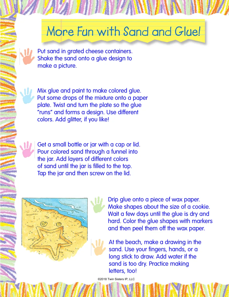 Extra sand and glue ideas: shaker pictures, runny colored glue, layered sand jars, wax-paper glue shapes and beach drawing